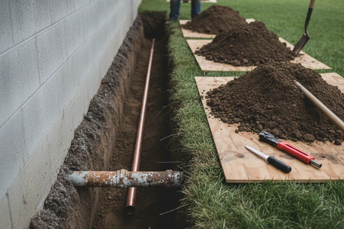 Excavated water line trench during Sewer Line Repair in Zimmerman